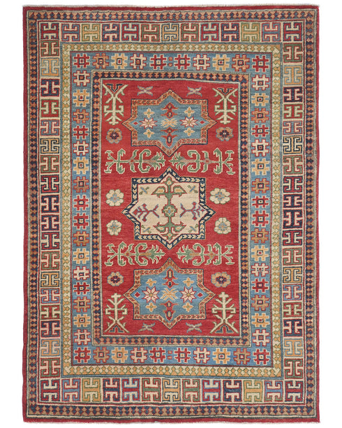 4x6 Red Kuba Afghan Hand Knotted Wool Area Rug